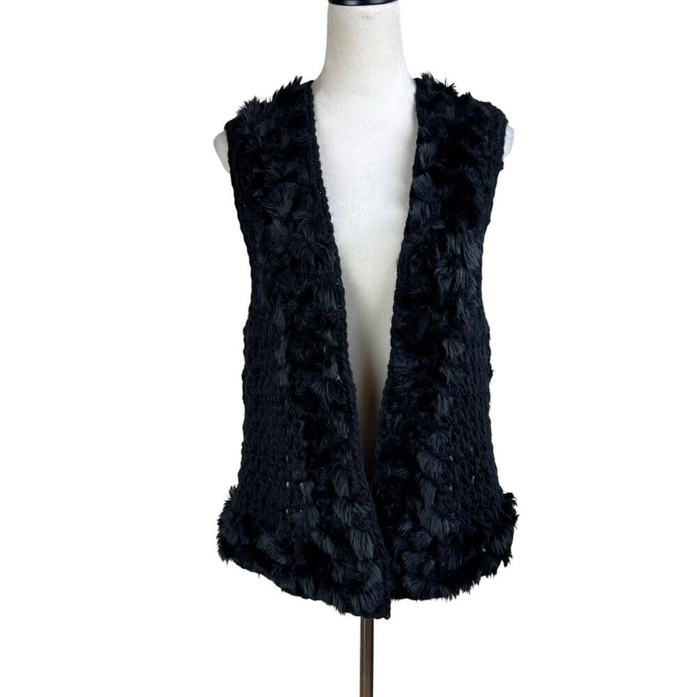 Chico's Sz 2 Black Chunky Open Knit Faux Fur Wool Blend Sleeveless Cardigan Vest
